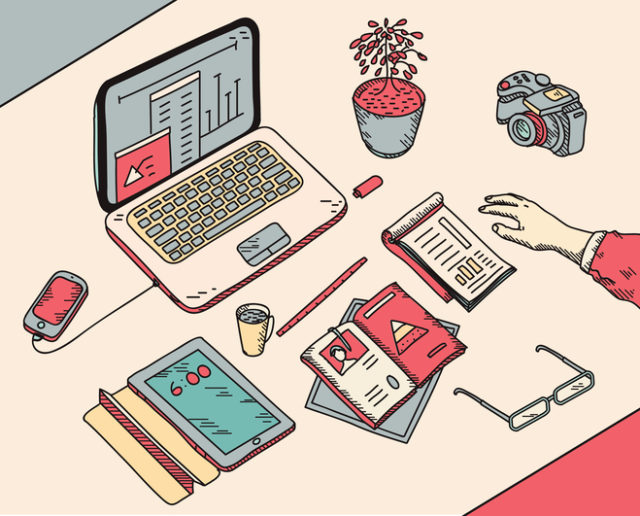 top view sketch hand drawn office or fome workplace freelancer