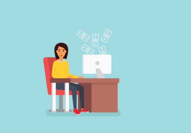 Business woman at workplace in office with computer. Flat design