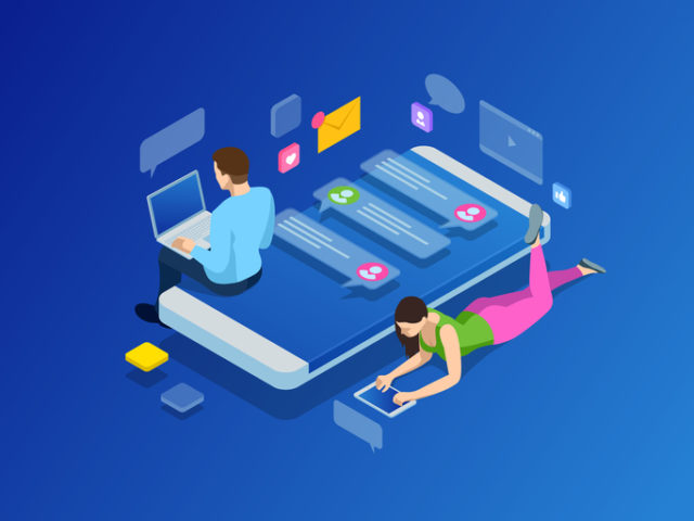 Isometric concept of friends teenagers with smartphone, computer or laptop chatting on the Internet.