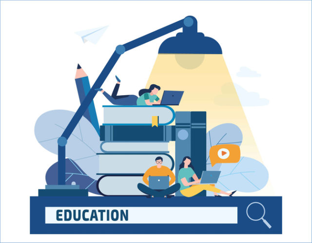 education online vector illustration internet studying book tutorials concept. training courses distance banner design. young student using laptop with e-learning flat cartoon character for web mobile