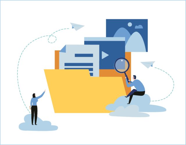 cloud storage banner concept. yellow document storage folder. vector flat illustration data processing, message sending. flat cartoon design for web mobile background
