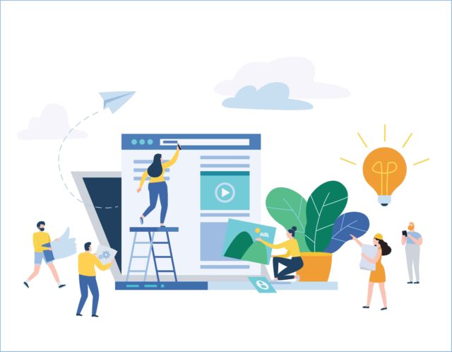 social media strategy flat illustration. network business marketing vector banner concept. small people working laptop application development process. cartoon character design for web mobile
