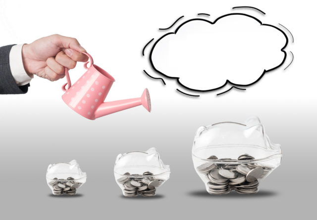 Top view Investment is like planting trees. Take care it will provide a good growth on color background.money tree drawn concept for business investment, savings and making money.