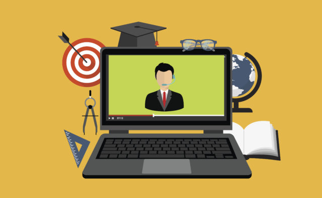 Education, training, on line tutorial, e-learning concept. Laptop with video on line training on the screen, with icons. Flat vector illustration.