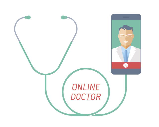 Telemedicine concept. Stethoscope with mobile phone, doctor on the screen.