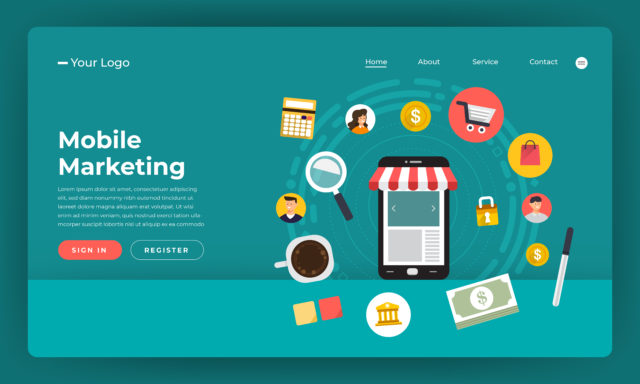 Mock-up design website flat design concept digital marketing. Mobile marketing. Vector illustration.