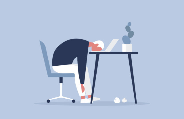 Professional burnout. Young exhausted manager sitting at the office. Long working day. Millennials at work. Flat editable vector illustration, clip art