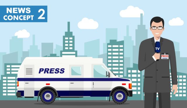 Journalistic concept. Detailed illustration of reporter and TV or news car in flat style on on background with cityscape. Vector illustration.