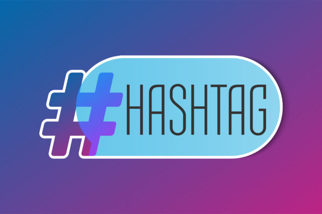Gradient Hashtag with blue speech bubble concept illustration. Vector icon sharing them in social media. Modern design for banner, poster slogan - hash tag.