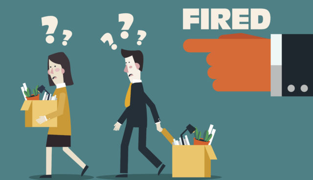 Dismissed frustrated business person holding a box with his things. Angry boss firing employee. Unemployment, crisis, jobless and employee job reduction concept vector design