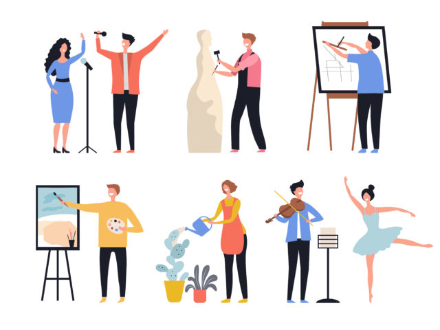 Creative profession. Hobby artists painters sculptors decorators creative workers vector characters