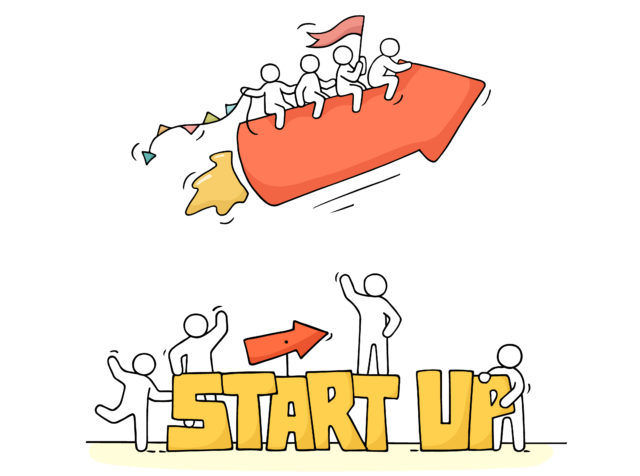 people with fly arrow, word Startup.