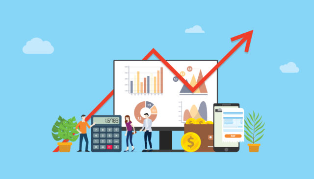 digital marketing budget financial campaign for advertising team people working together with graph and chart - vector