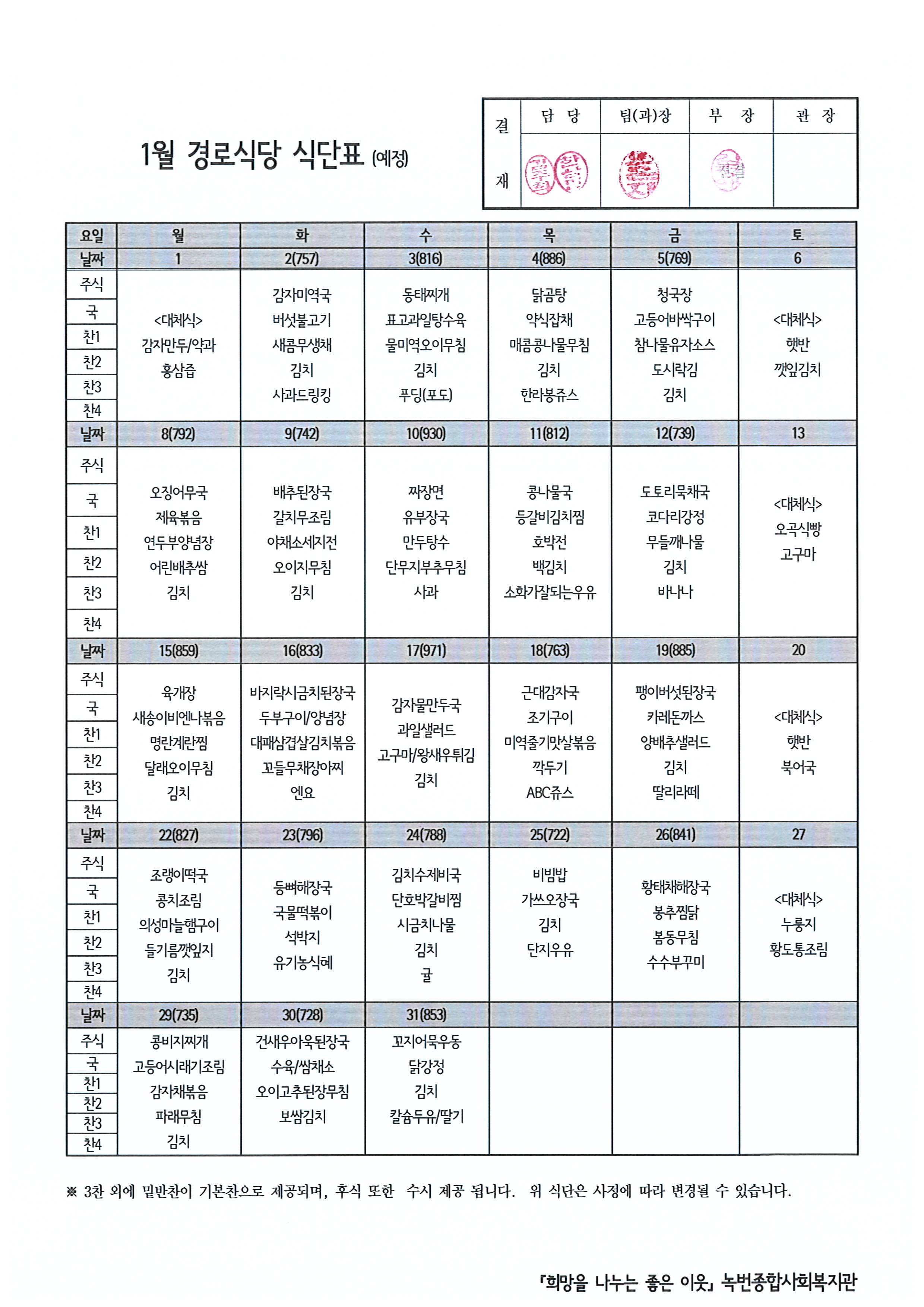 2024년 1월 경로식당 식단 안내