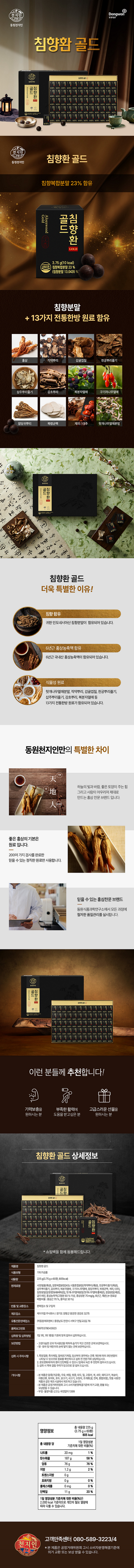 귀한 침향과 6년근 홍삼농축액 그리고 식물성 원료들을 정성껏 담은 동원 천지인 침향환 골드 입니다. 귀한 분들께 품격 있는 선물로 추천 드립니다.