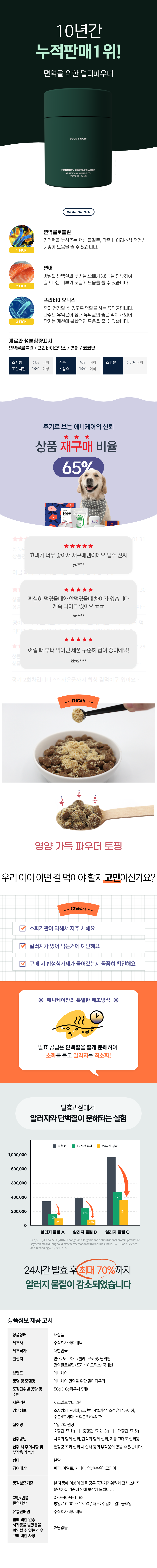 애니케어 누적판매 1위
합성첨가제 x 
오직 자연재료로 이루어진 특허받은 면역 성분으로 장건강, 곰팡이성피부염,습진,눈물자국,귓병 등의 건강에 도움을 줍니다.