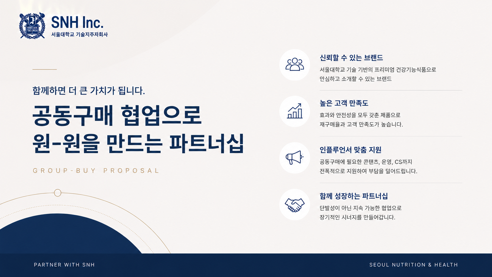 저희 SNH는 과학적 연구 기반의 웰니스 제품을 기획·개발하는 서울대학교 기술지주자회사 브랜드로, 현재 페퍼컷 3.0 공동구매를 함께 진행할 파트너님을 찾고 있습니다.