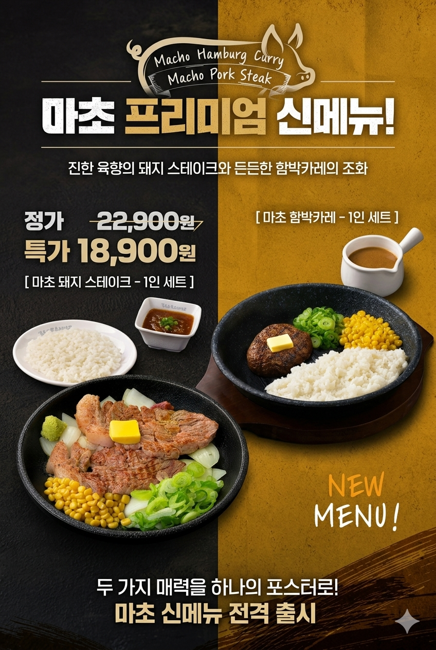 "추성훈이 극찬한 마초스테이크의 역대급 신메뉴! 돼지스테이크 & 함박카레 세트(4만 원 상당)를 가장 먼저 맛볼 상무/동명점 체험단을 모집합니다!"