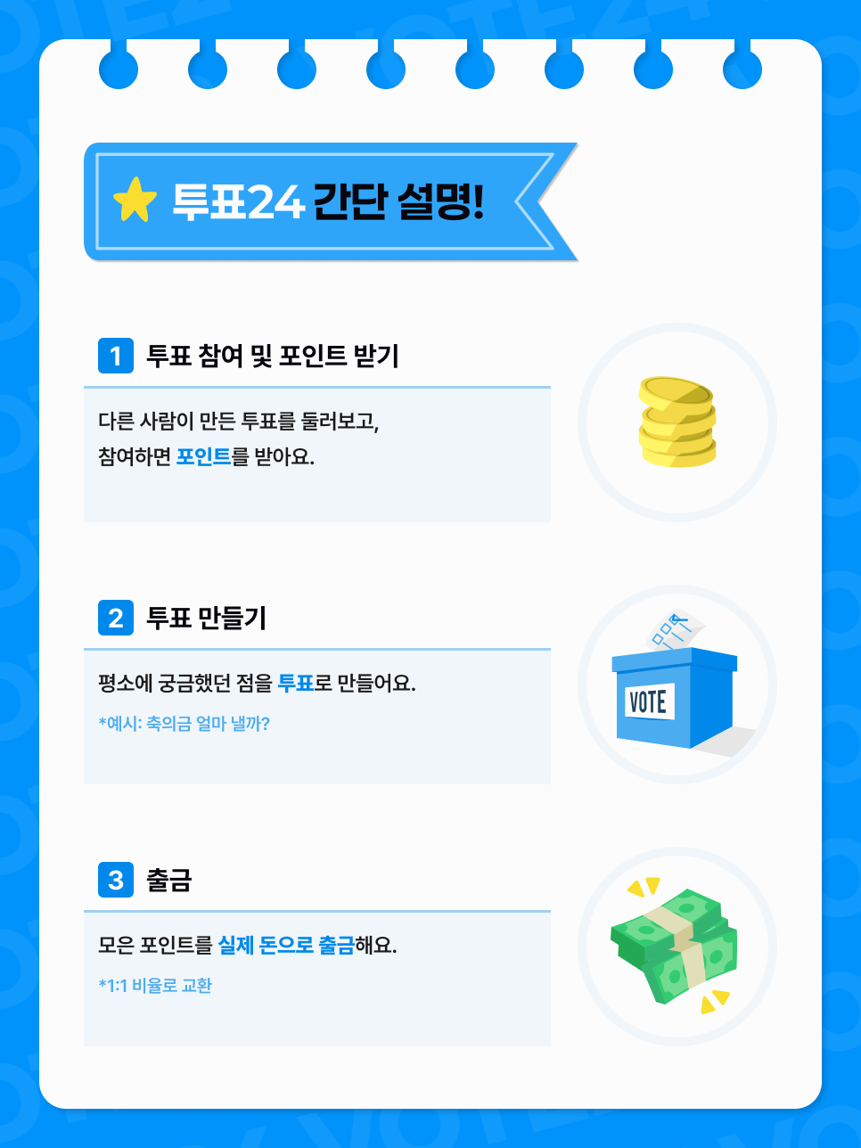 투표24는 "내 한 표가 돈이 되는" 투표 리워드 앱입니다. 일상의 궁금한 걸 투표로 물어보고, 다른 사람 투표에 참여하며 포인트를 모아 현금으로 출금할 수 있어요. 실제로 앱을 써보며 포인트가 쌓이는 과정을 생생하게 보여주는 것이 이번 캠페인의 핵심입니다.