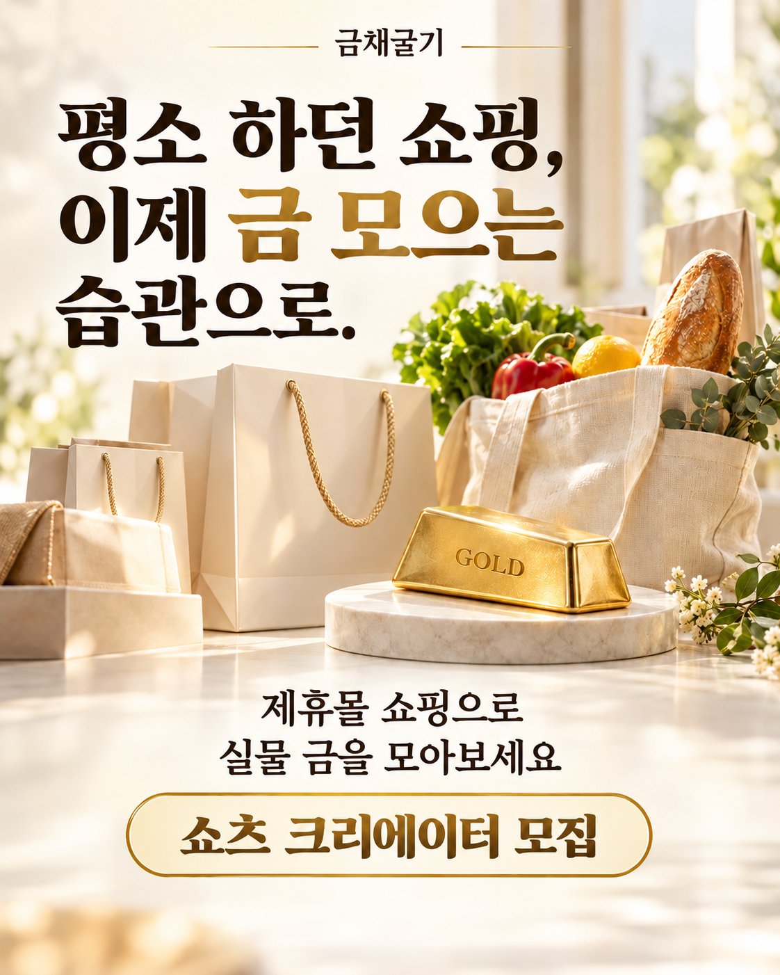 금가루를 모아 실물 금으로 교환하는 방치형 앱테크 ‘금채굴기' 입니다.

‘평소 하던 쇼핑, 이제 금 모으는 습관으로.’ 금채굴기를 통한 제휴몰 쇼핑으로 채굴기를 받고, 금을 채굴하여 실물 금으로 교환하는 과정을 소개할 쇼츠 제작자를 모집합니다.