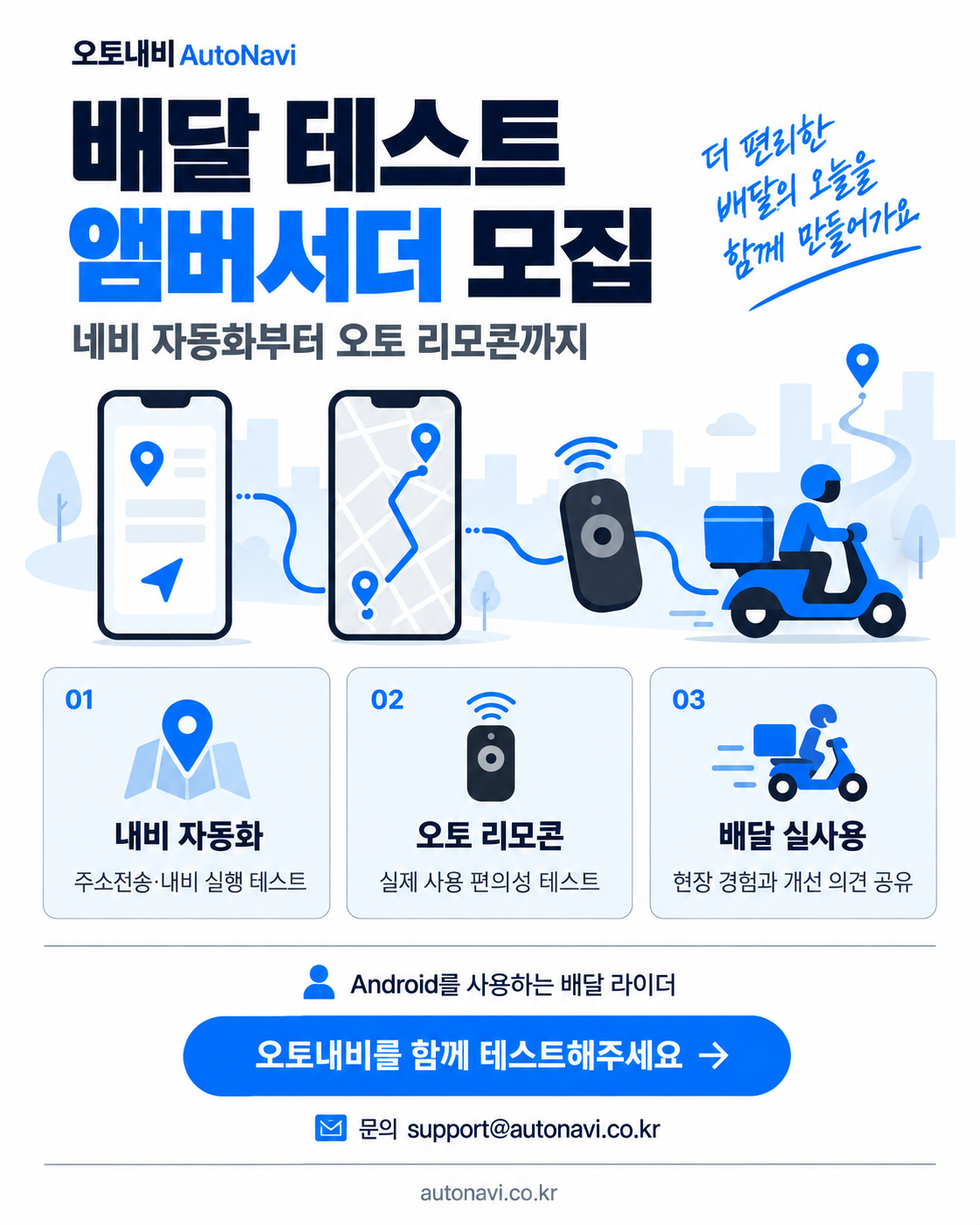 다양한 배달 앱에서 배달 자동화를 위해 앱 테스트와 리모콘 테스트를 해주시면 됩니다.
필요한 기능과 장비는 제공해드립니다.