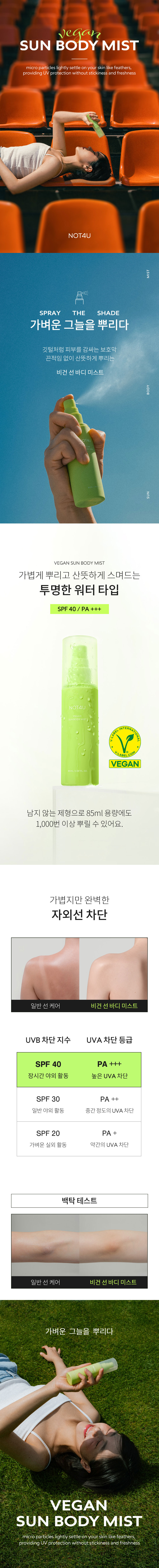 아직도 텁텁한 선크림 바르세요?
가볍게 뿌리고 두드리면 끝!
낫포유 선 바디 미스트를 직접 사용해보시고
자신만의 생생한 후기를 들려주세요!